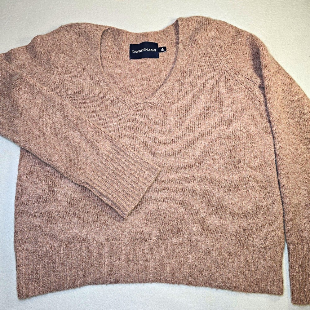 Calvin Klein Jeans Alpaca Wool Blend V Neck Fuzzy Sweater Brown Pink Medium M...
